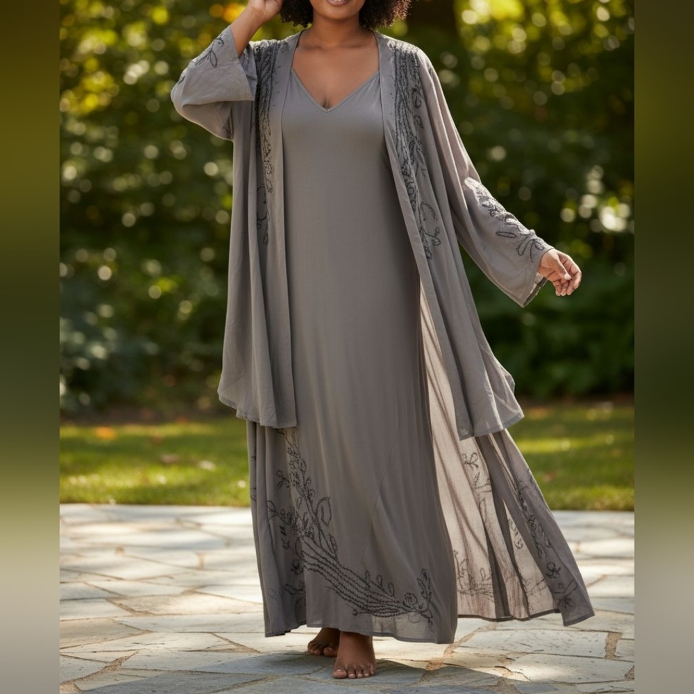 Roaman's NOS 2 Pc Plus  Sheer Gray Chiffon Whimseygoth Maxi Slip Dress Sz 33